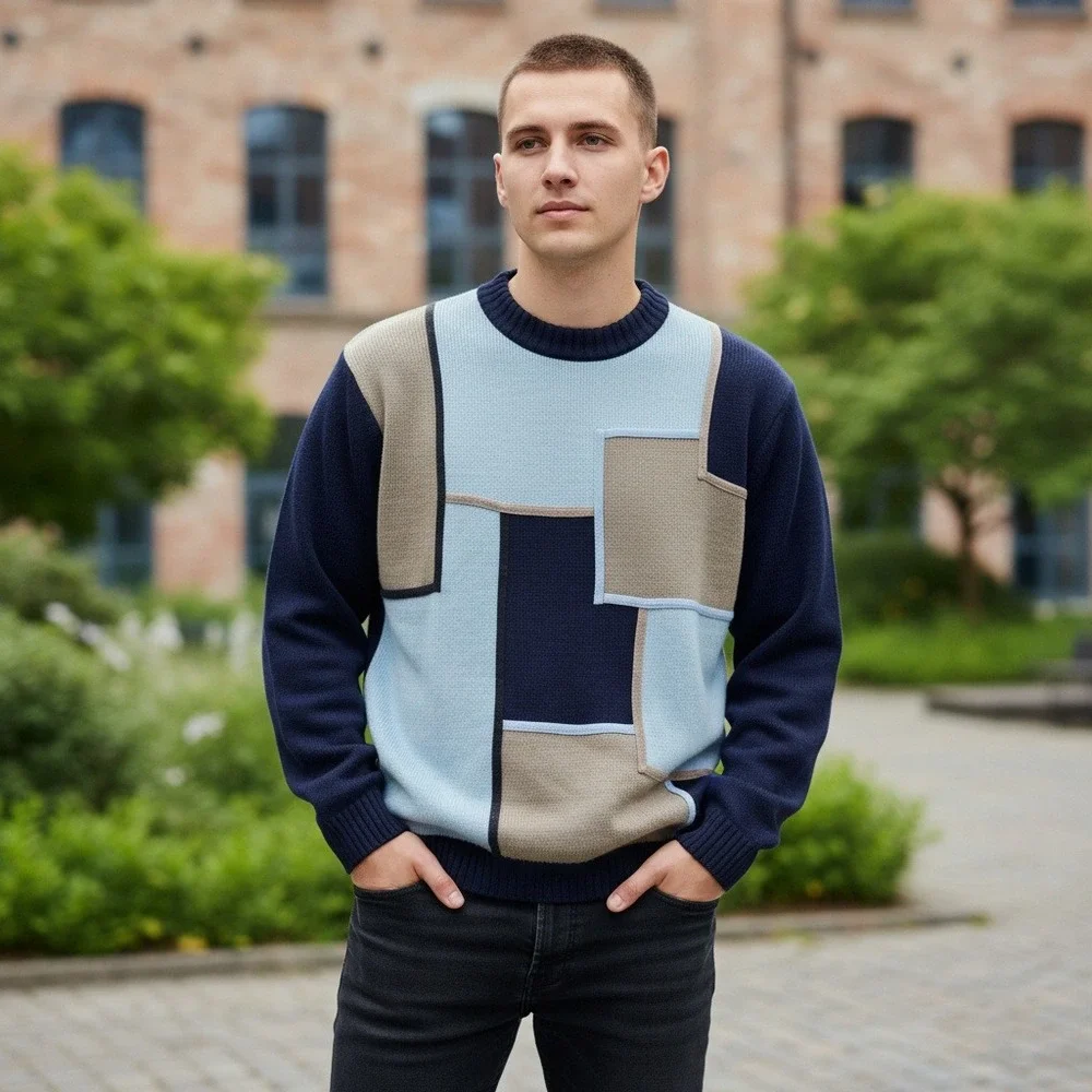 Raw Blue Nu Realms Mens VTG 2XL Acrylic Colorblock Patchwork Sweater Crew‎ Neck